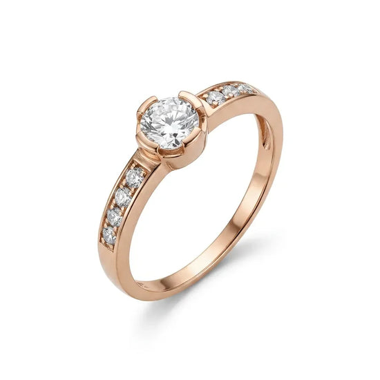 Raudono aukso žiedas su cirkoniu keturių laikiklių apsode