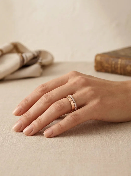 Pair of rose gold wedding rings, 5 mm, with a zircon band
