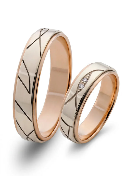 Two-tone wedding rings with graphic pattern, 5 mm