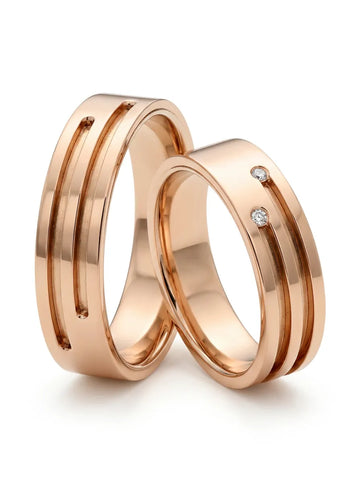 Classic wedding rings, double grooves and 2 zircons, 6 mm