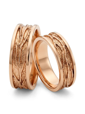 Rose gold wedding rings, embossed "tree bark" texture, 6 mm