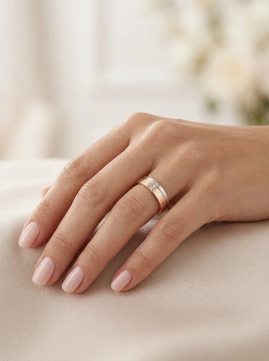Two-tone wedding rings, rose + white gold, 6 mm