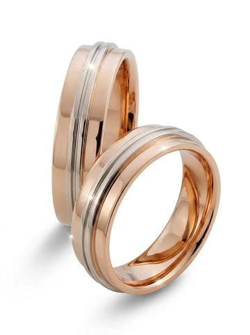Two-tone wedding rings, rose gold with double white gold line, 5 mm