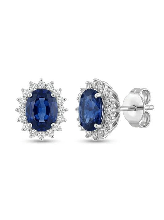 Balto aukso auskarai vinukai su mėlynais safyrais ir briliantais